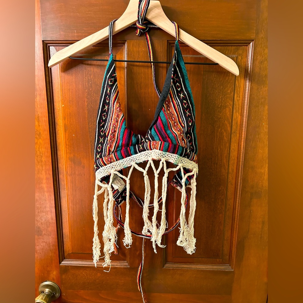 LAKHAYS Boho Halter Top w/ fringe. No Size Tag but straps are adjustable.